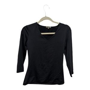 JudyP VNeck 3/4 sleeve Long Sleeve Solid Black Double Lined Basic Tee Size Small